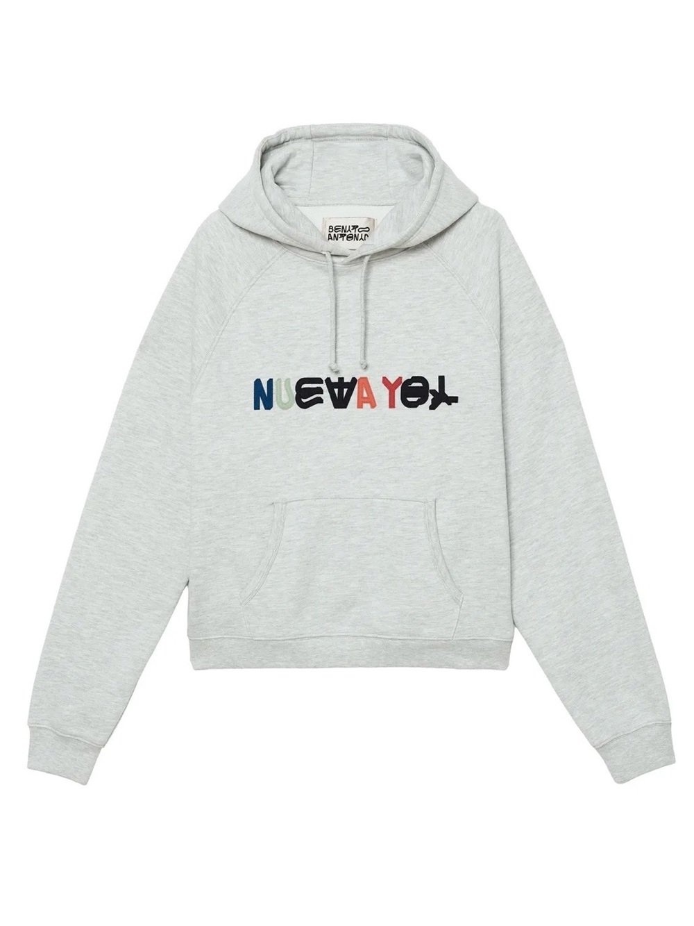 Zara Bad Bunny Light Gray Hooded Sweatshirt with Nueva Yol multicolor stitching